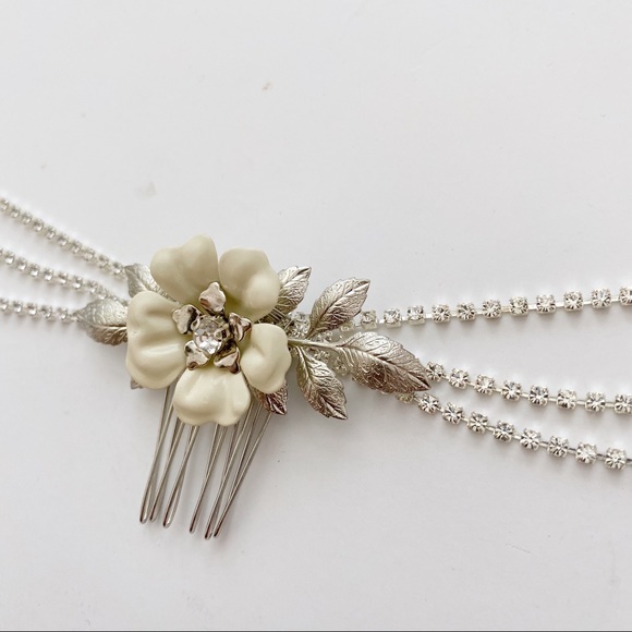 Triple Comb Enamel Bridal Headpeice Crystal Swags - Picture 8 of 11